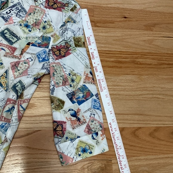 Vintage Chico’s Linen Button Down Blouse Womens S Bird Stamp Novelty Print shirt - Picture 10 of 10
